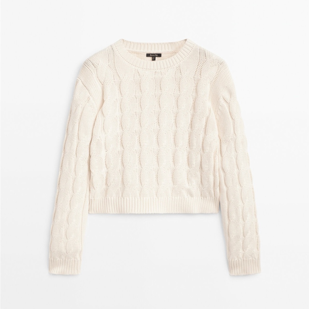 Massimo Dutti Cropped Cable Knit Crewneck Sweater